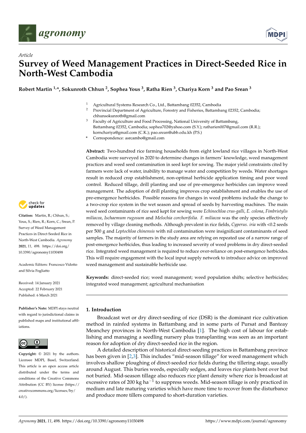 Survey of Weed Management Practices in Direct-Seeded Rice in North-West Cambodia