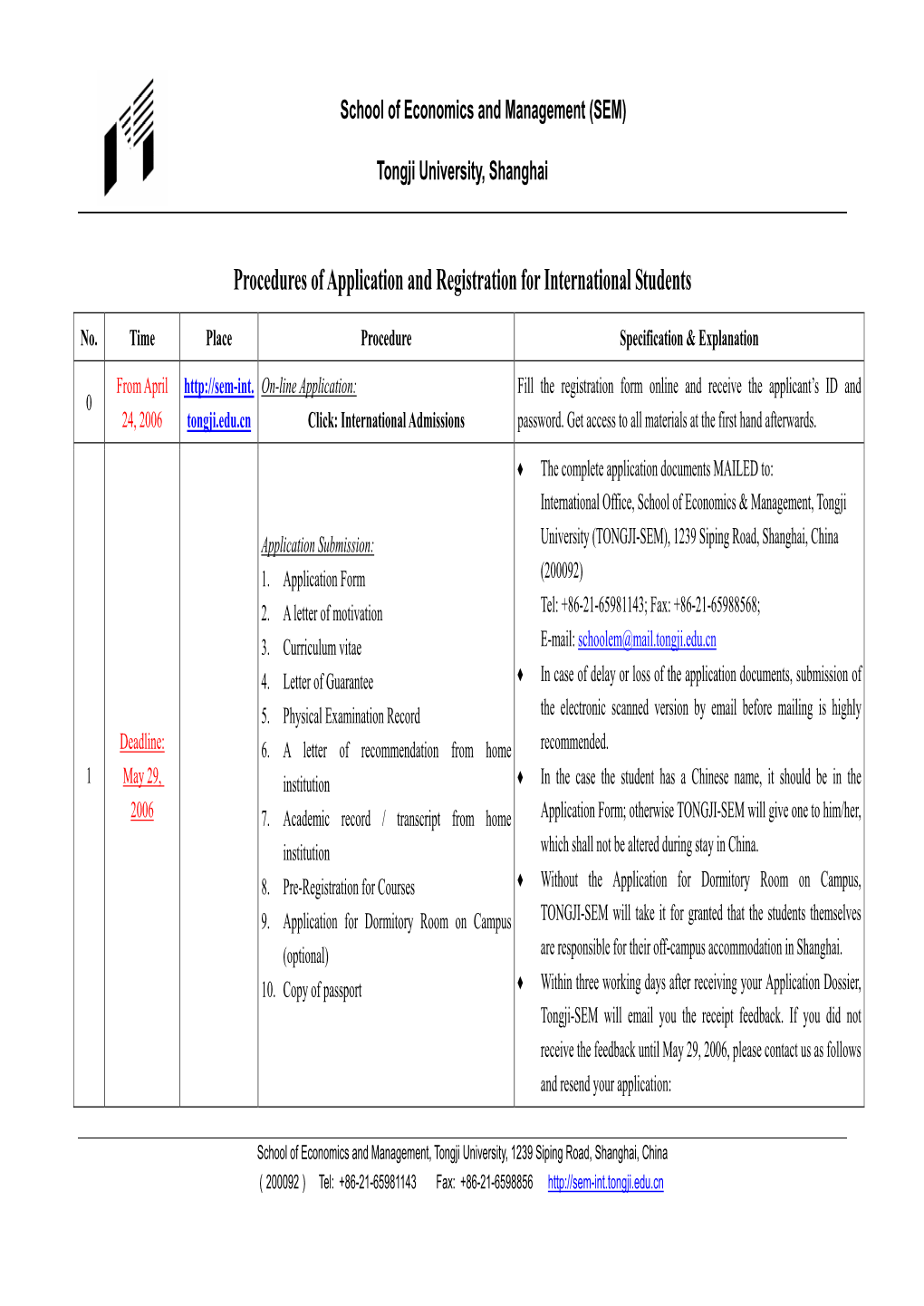 Procedures of Application and Registration for International Students