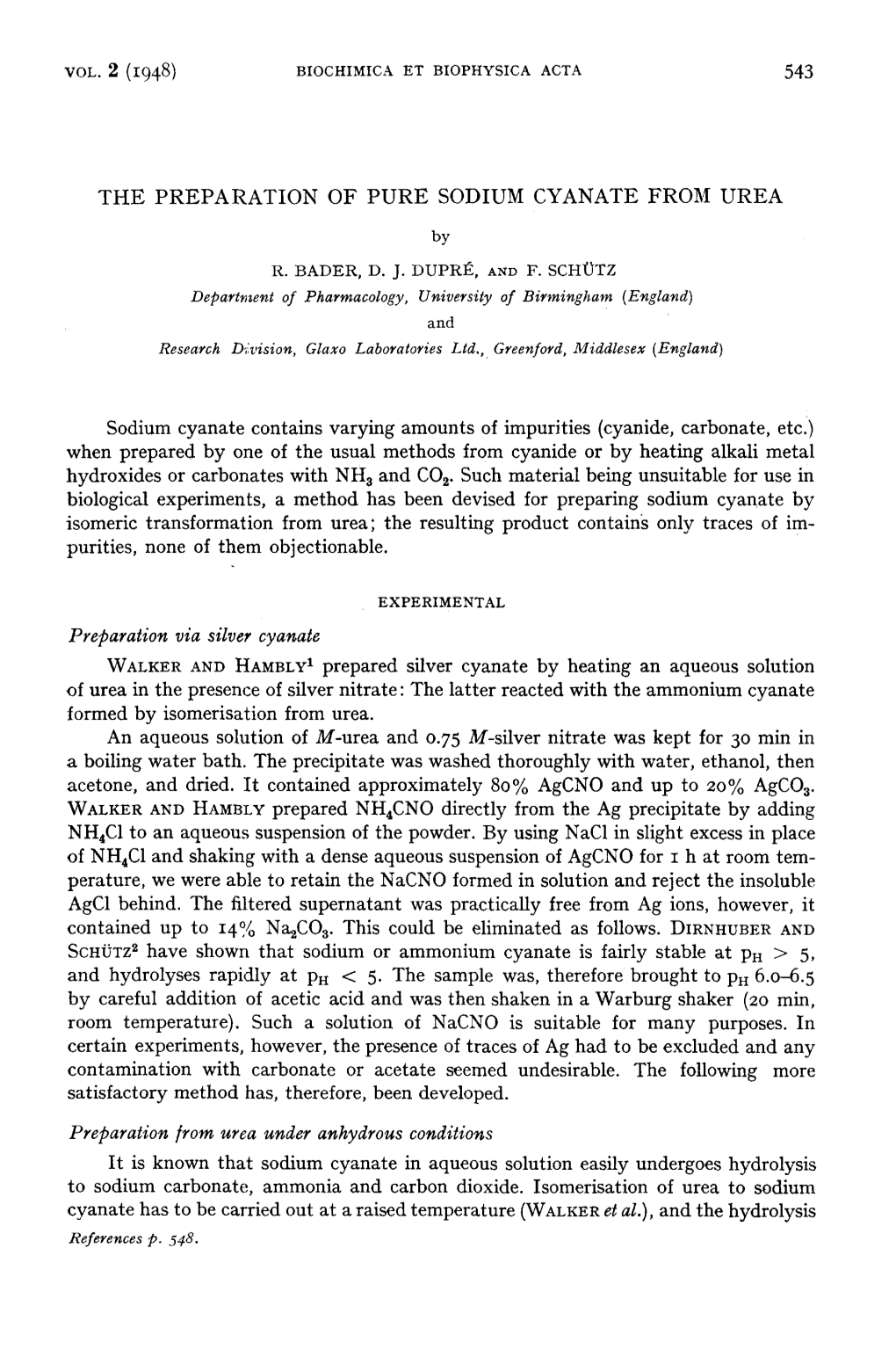 Bioci-Iimica Et Biophysica Acta 543 the Preparation of Pure Sodium Cyanate from Urea