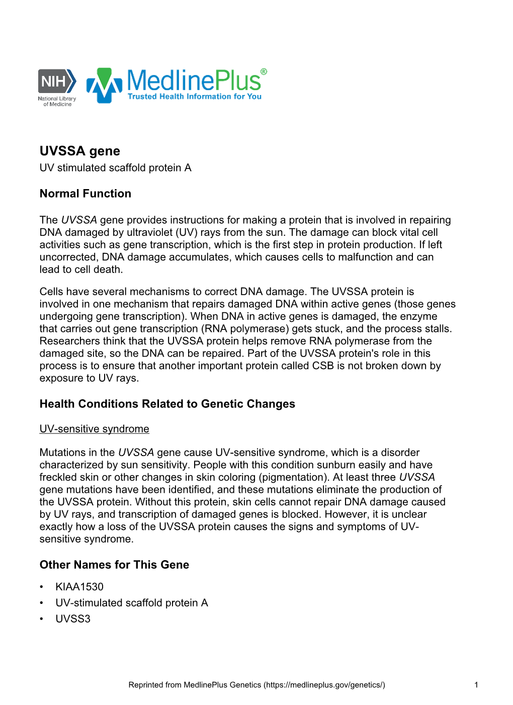 UVSSA Gene UV Stimulated Scaffold Protein A