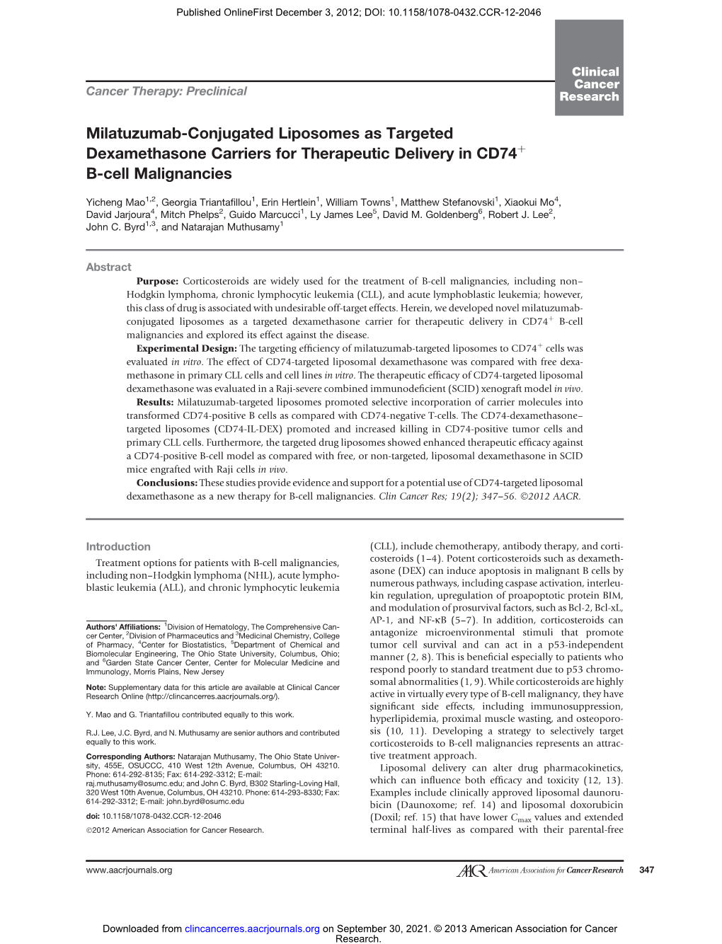 Milatuzumab-Conjugated Liposomes As Targeted Dexamethasone Carriers for Therapeutic Delivery in CD74 B-Cell Malignancies