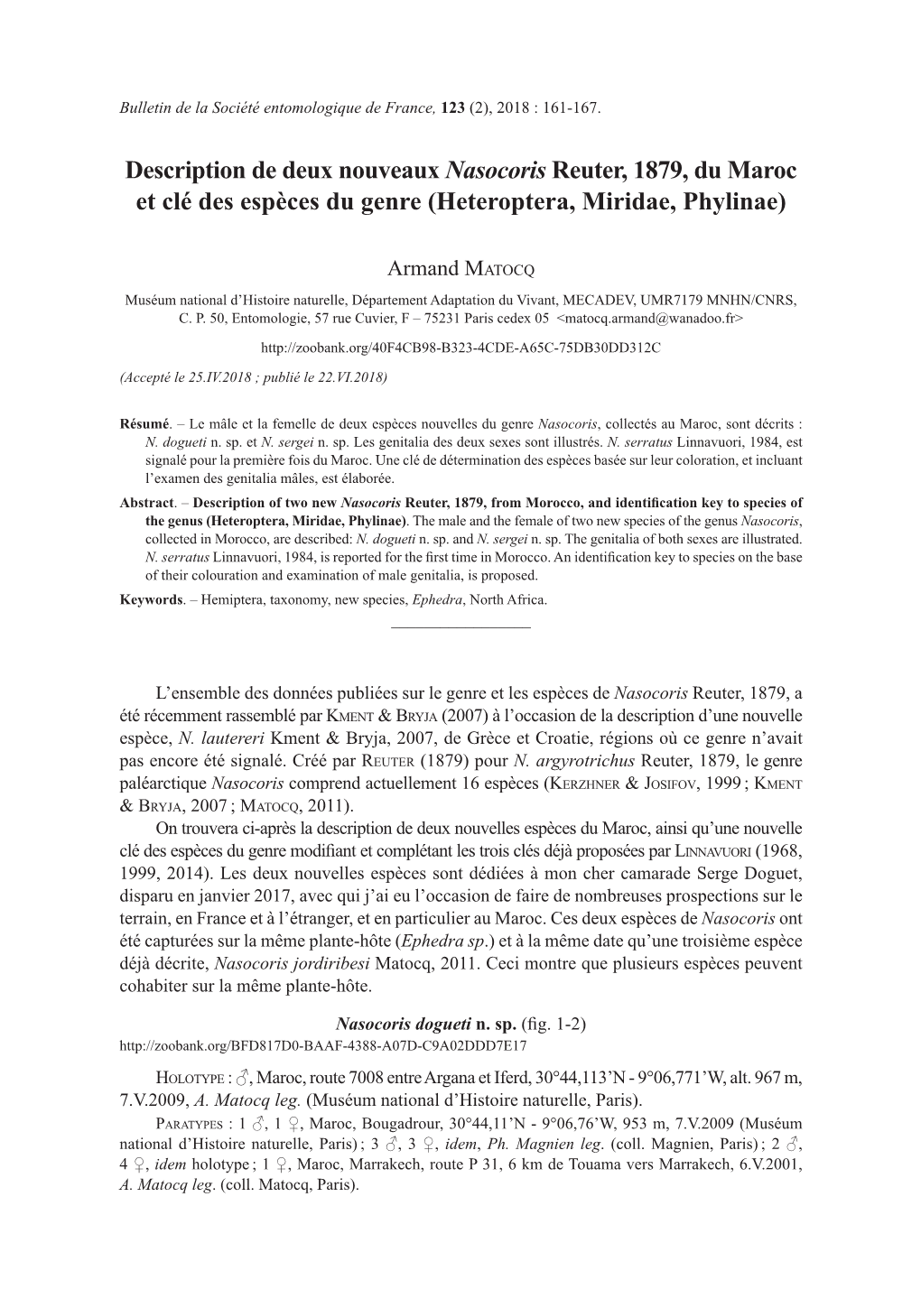 Description De Deux Nouveaux Nasocoris Reuter, 1879, Du Maroc Et Clé Des Espèces Du Genre (Heteroptera, Miridae, Phylinae)