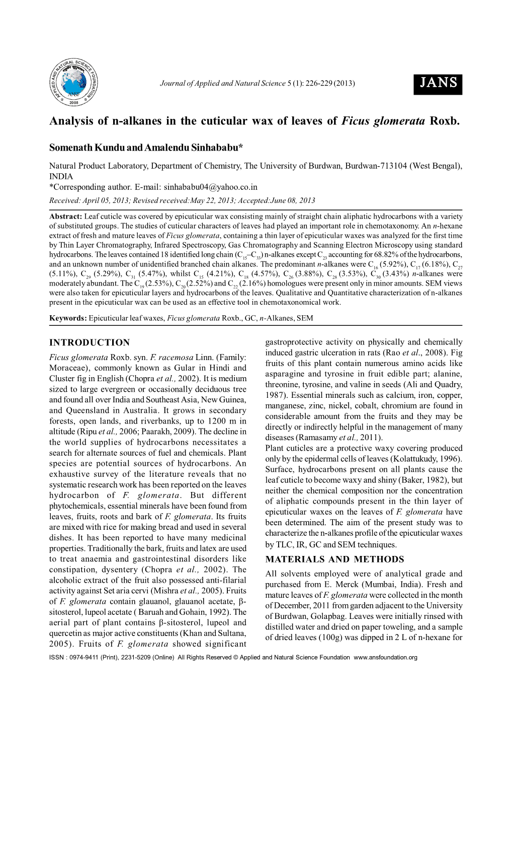 Analysis of N-Alkanes in the Cuticular Wax of Leaves of Ficus Glomerata Roxb