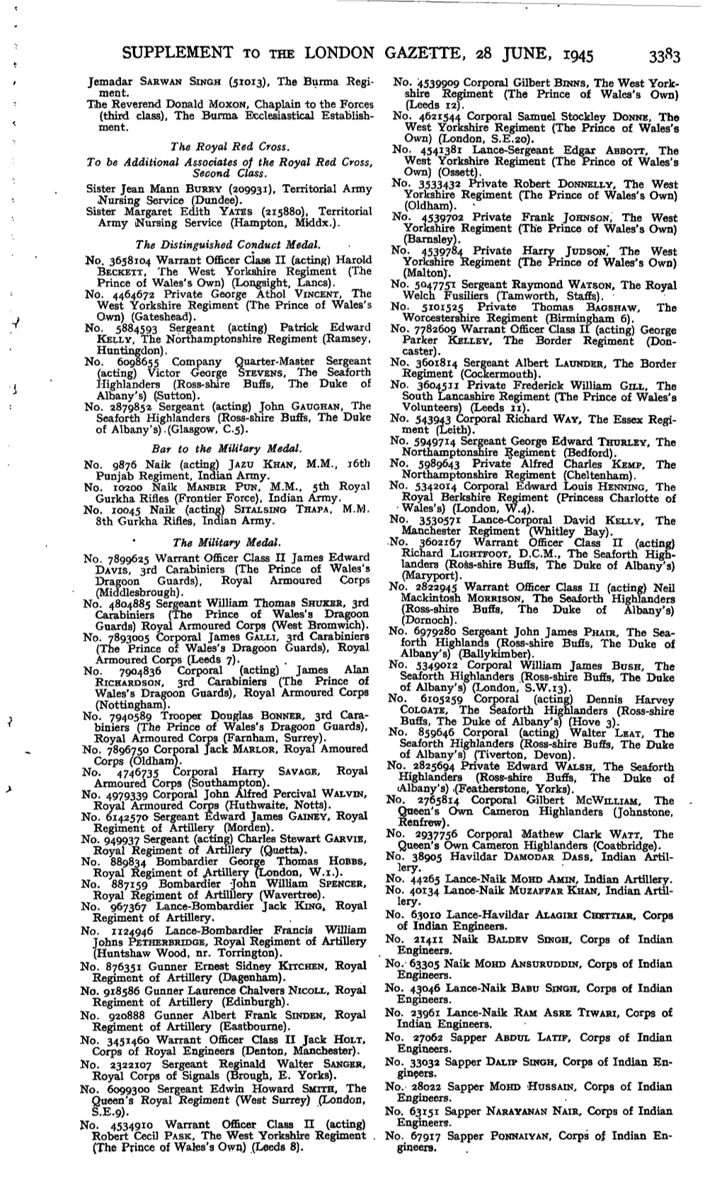 SUPPLEMENT to the LONDON GAZETTE, 28 JUNE, 1945 3383 Jemadar SARWAN SINGH (51013), the Burma Regi- No