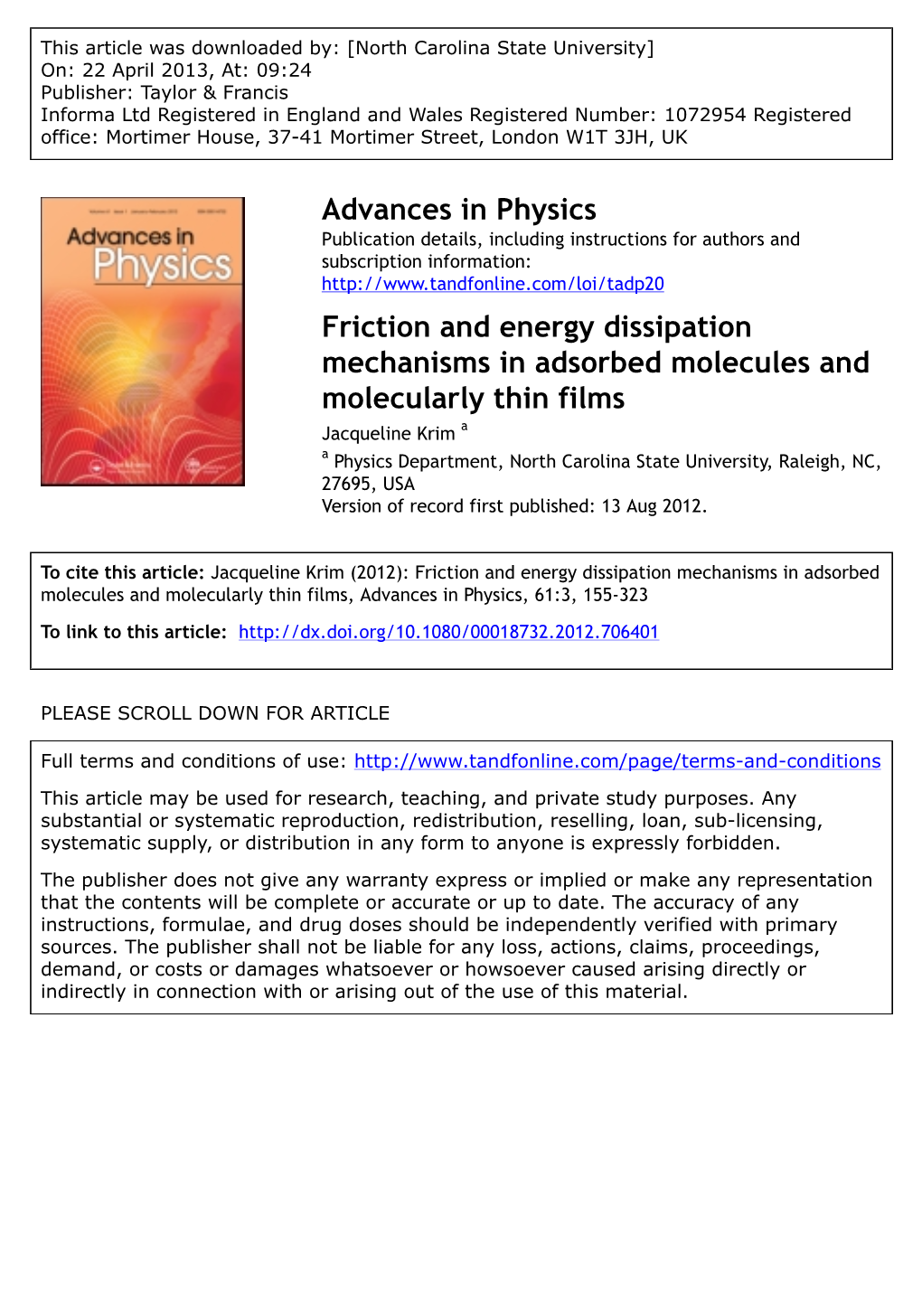 Friction and Energy Dissipation Mechanisms in Adsorbed