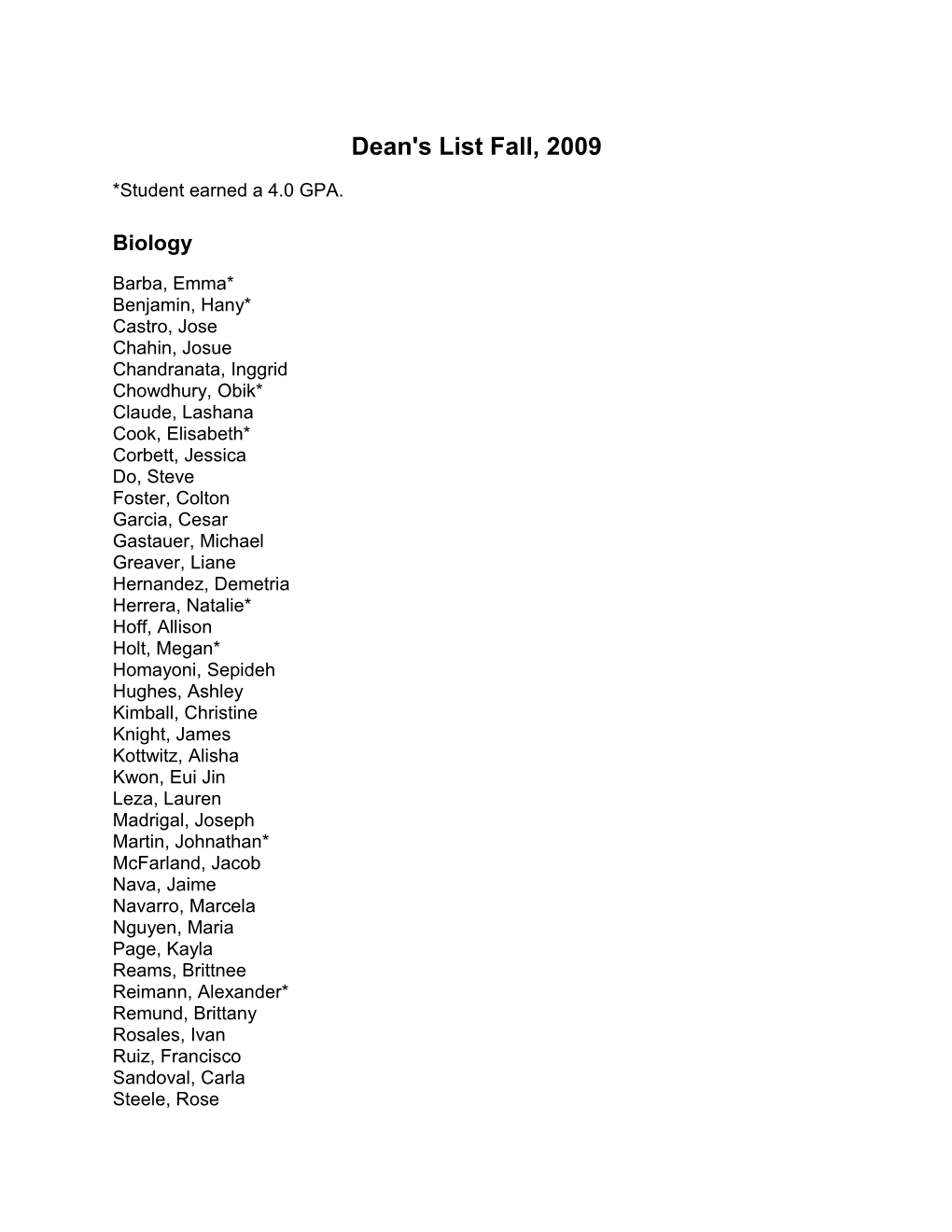 Dean's List Fall, 2008 s1