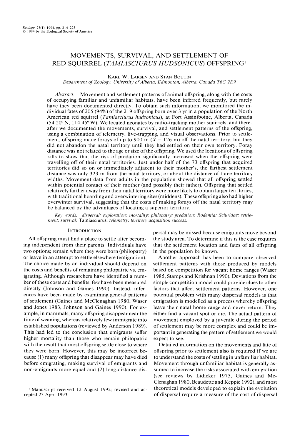 Movements, Survival, and Settlement of Red Squirrel (Tamiasciurus Hudsonicus) Offspring