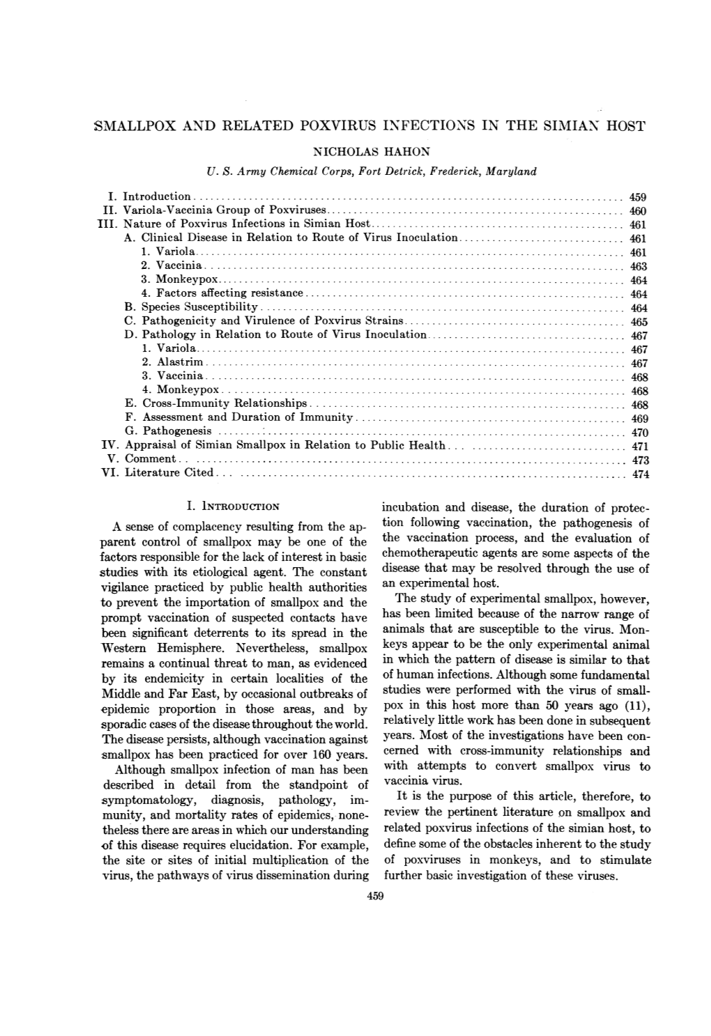 Smallpox and Related Poxvirus Infections in the Simian Host Nicholas Hahon U