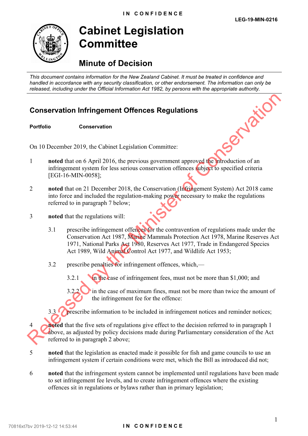 Cabinet Legislation Committee Minute