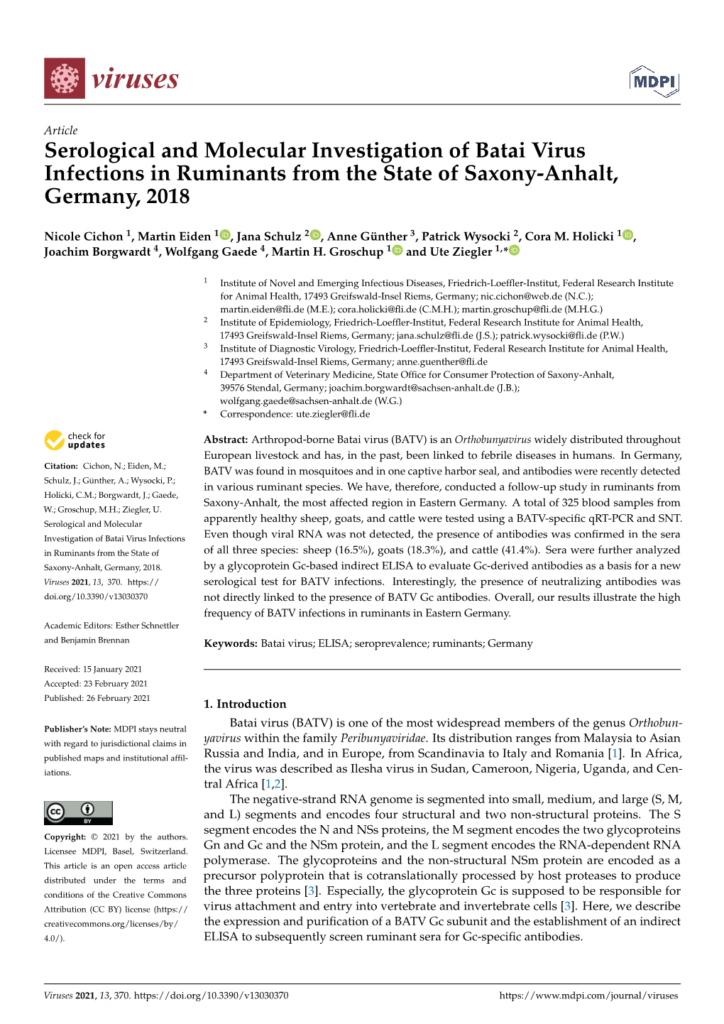 Serological and Molecular Investigation of Batai Virus Infections in Ruminants from the State of Saxony-Anhalt, Germany, 2018