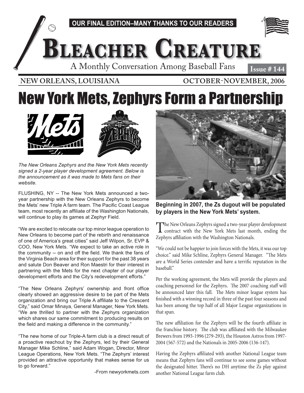 New York Mets, Zephyrs Form a Partnership