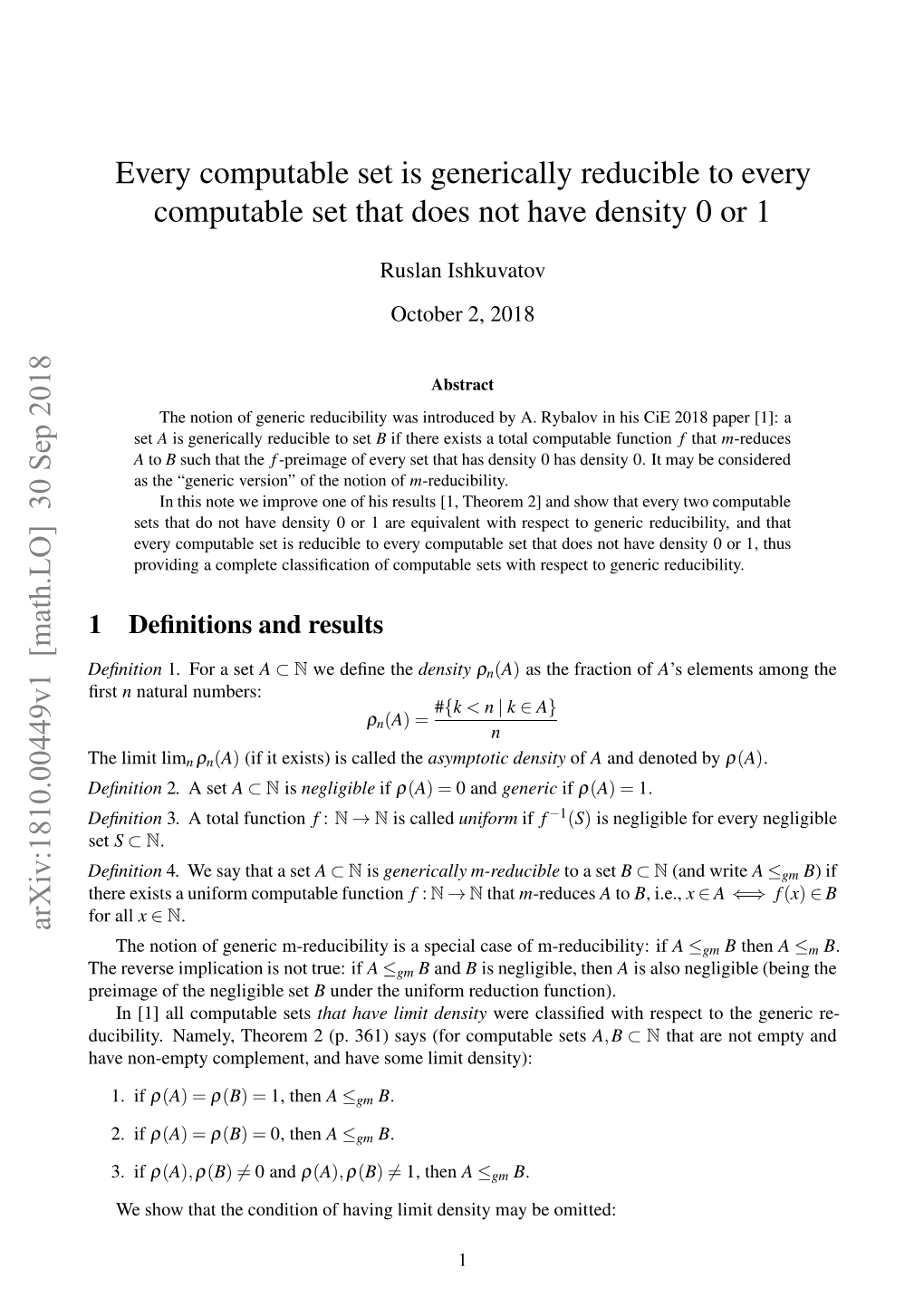 Every Computable Set Is Generically Reducible to Every Computable Set That Does Not Have Density 0 Or 1