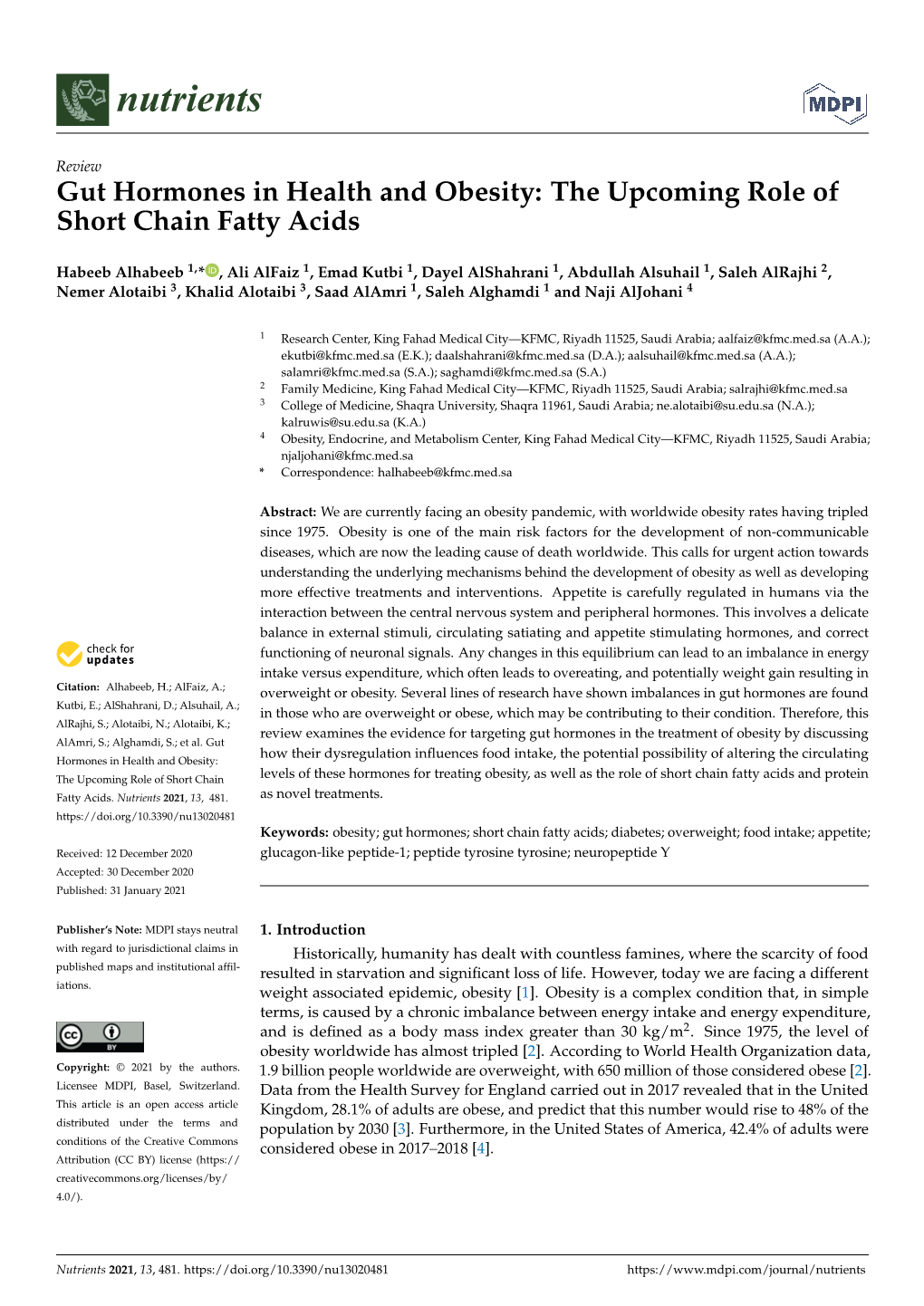 Gut Hormones in Health and Obesity: the Upcoming Role of Short Chain Fatty Acids