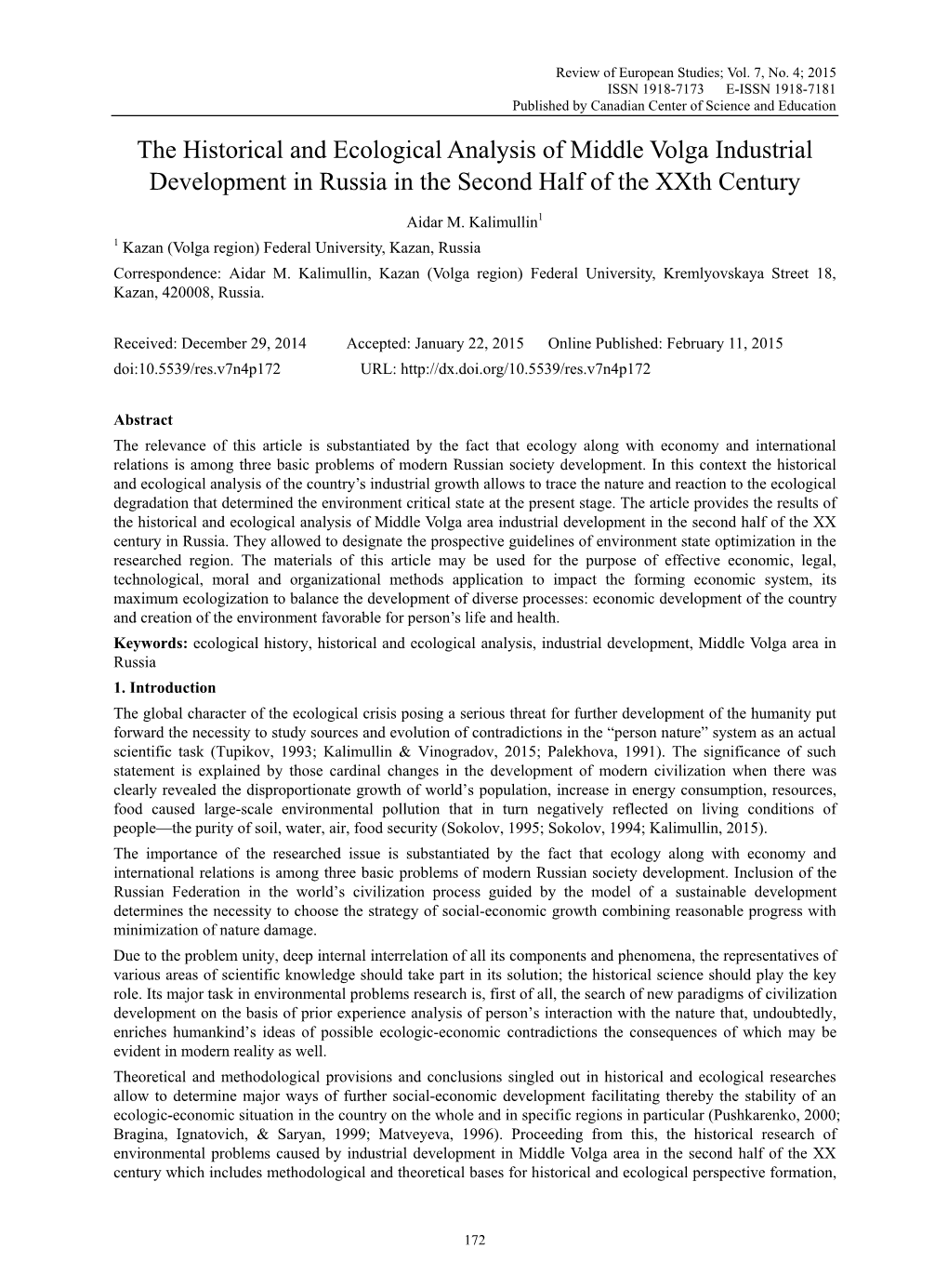The Historical and Ecological Analysis of Middle Volga Industrial Development in Russia in the Second Half of the Xxth Century