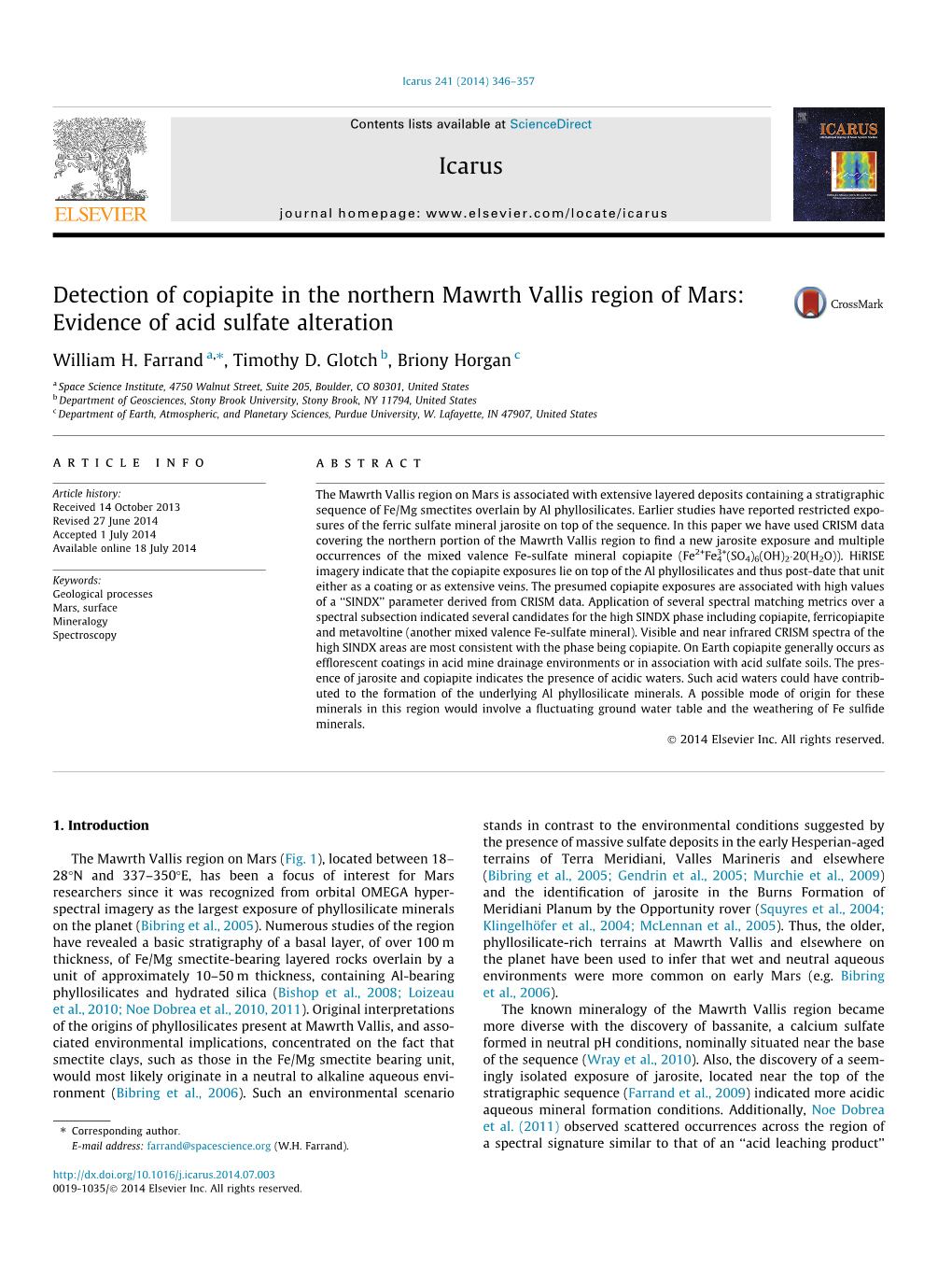 Detection of Copiapite in the Northern Mawrth Vallis Region of Mars: Evidence of Acid Sulfate Alteration ⇑ William H