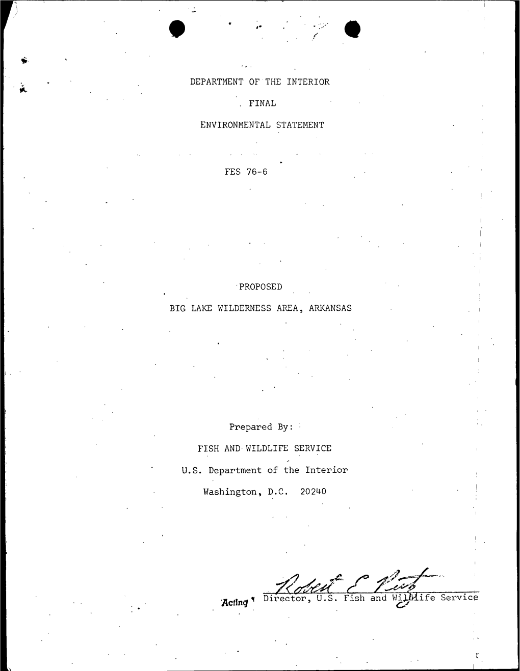 DEPARTMENT of the INTERIOR . FINAL ENVIRONMENTAL STATEMENT FES 76-6 PROPOSED BIG LAKE WILDERNESS AREA, ARKANSAS Prepared by : FI