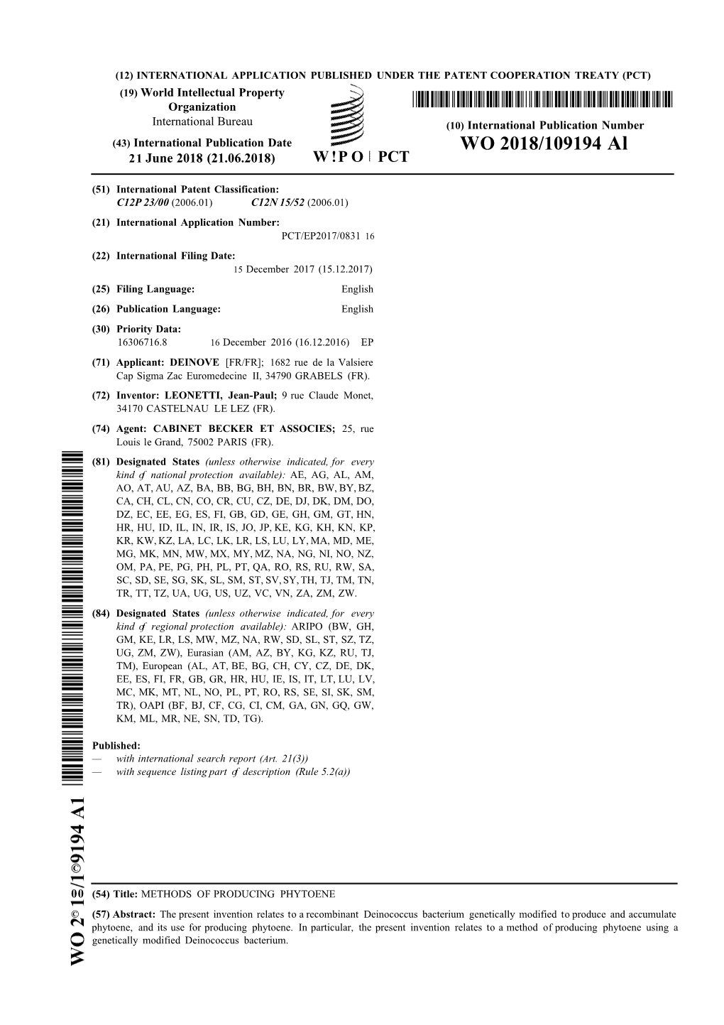 WO 2018/109194 Al 21 June 2018 (21.06.2018) W !P O PCT