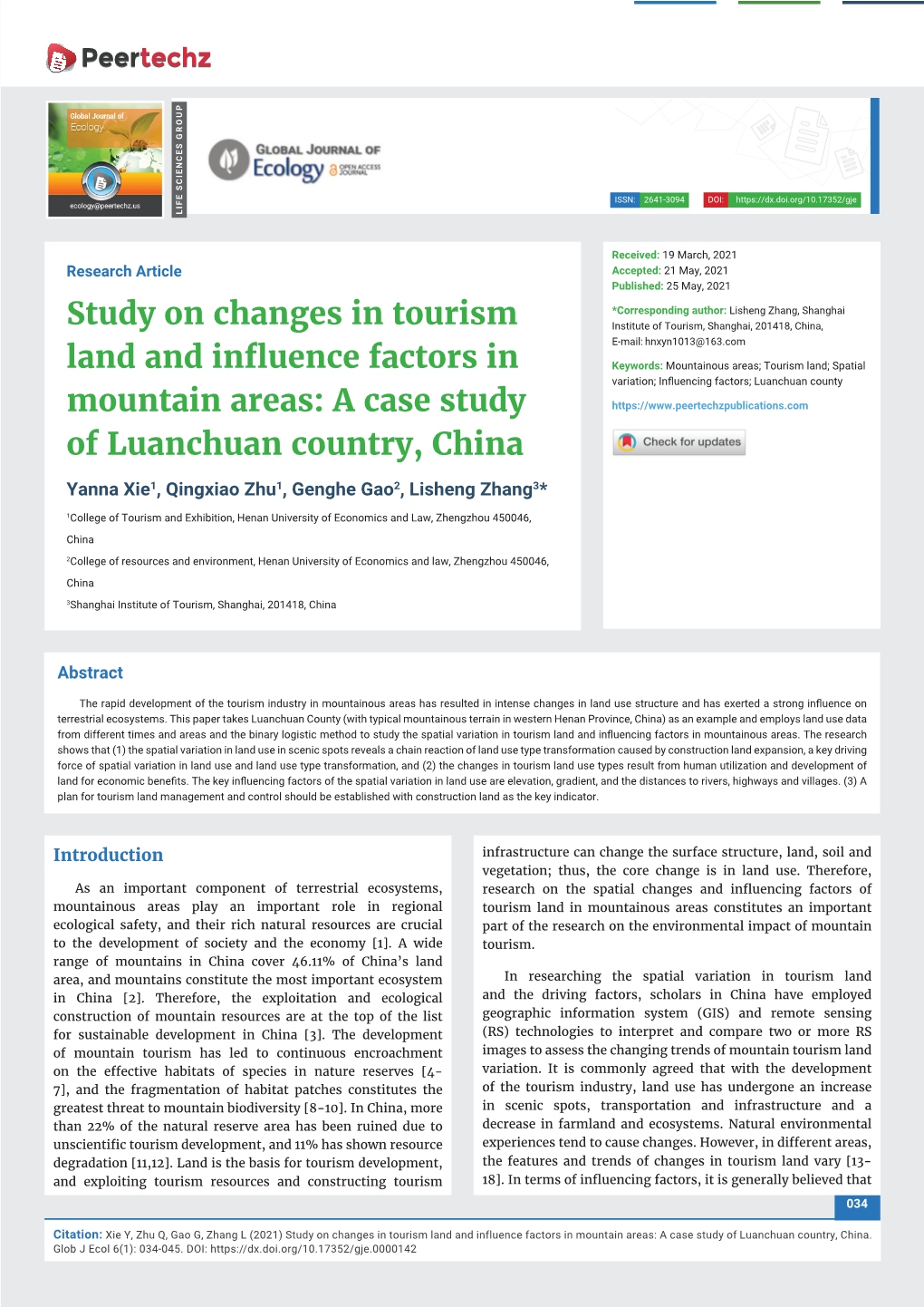 Study on Changes in Tourism Land and Influence Factors in Mountain Areas: a Case Study of Luanchuan Country, China