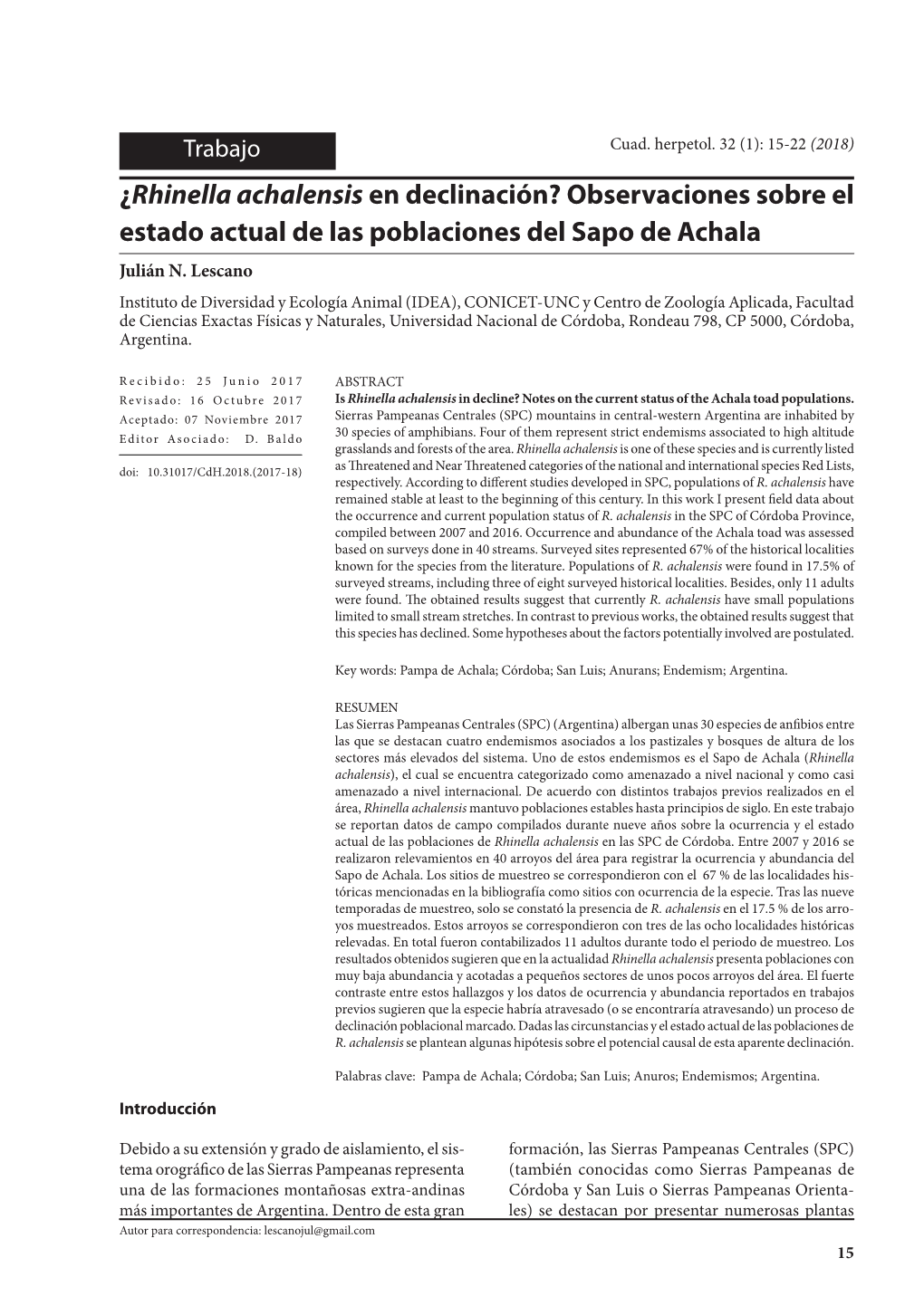 ¿Rhinella Achalensis En Declinación? Observaciones Sobre El Estado Actual De Las Poblaciones Del Sapo De Achala Julián N