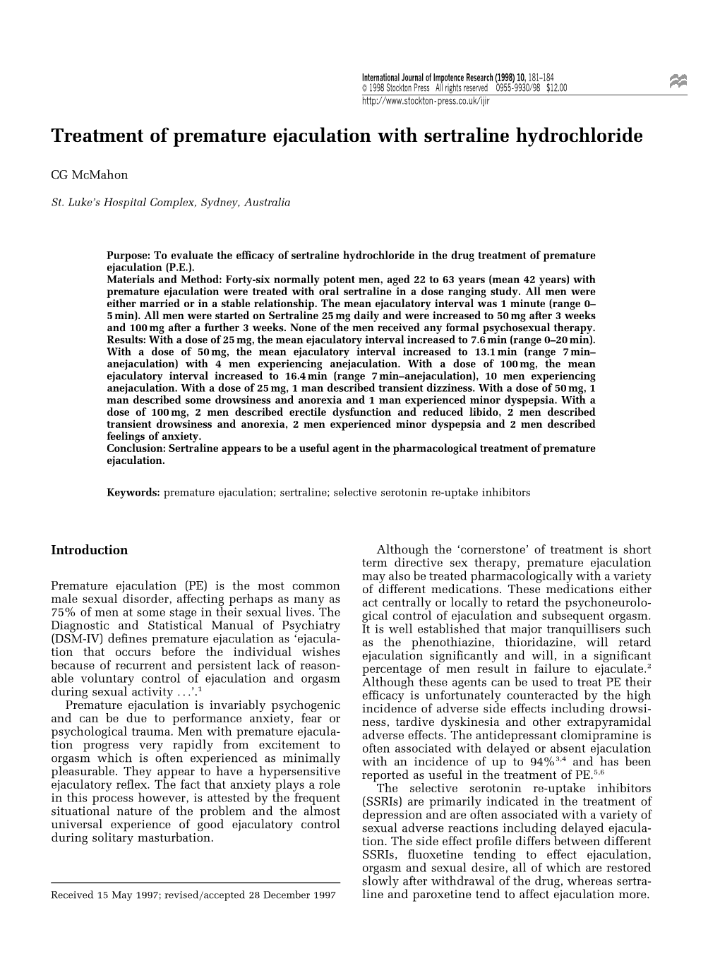 Treatment of Premature Ejaculation with Sertraline Hydrochloride