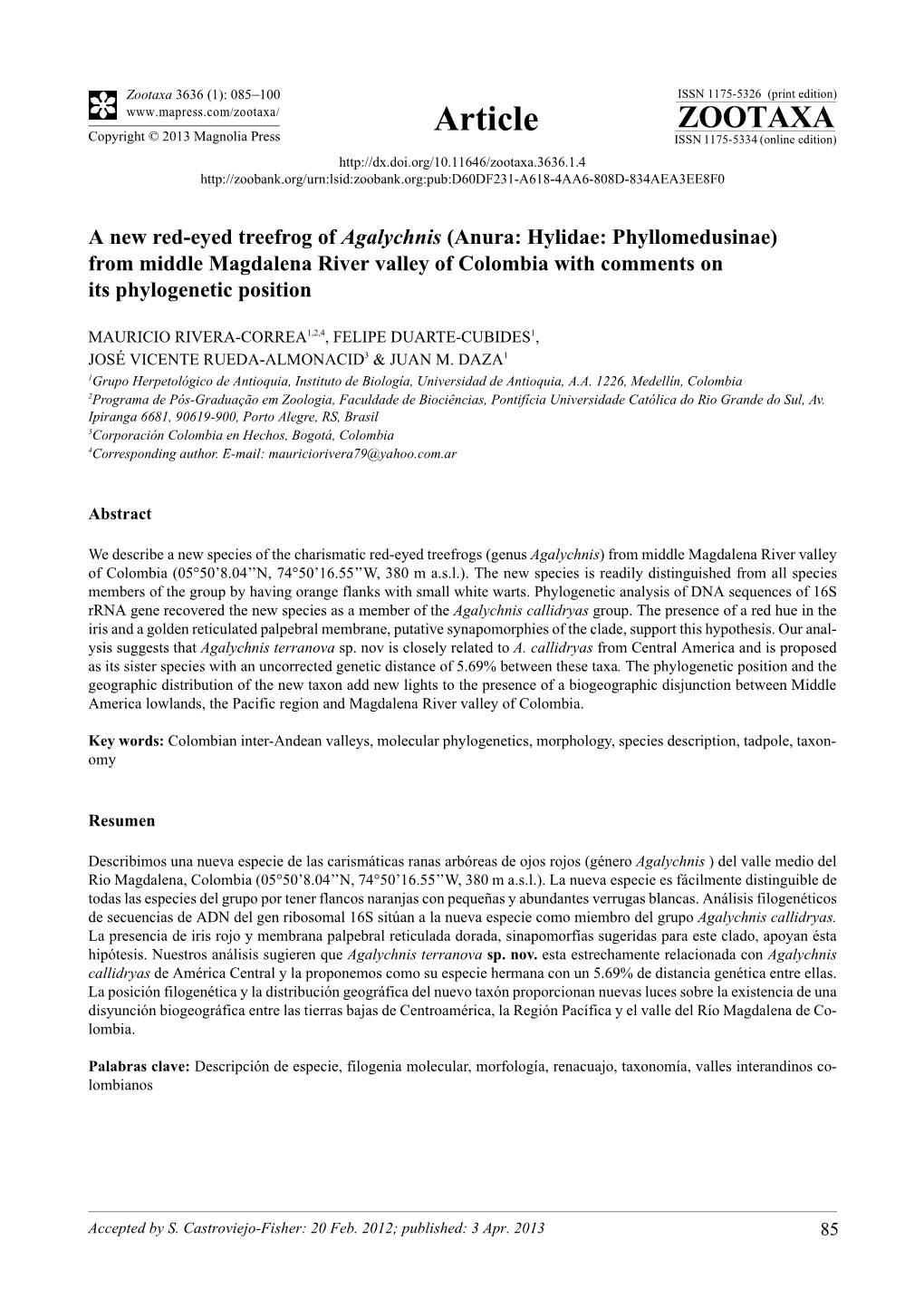 A New Red-Eyed Treefrog of Agalychnis (Anura: Hylidae: Phyllomedusinae) from Middle Magdalena River Valley of Colombia with Comments on Its Phylogenetic Position