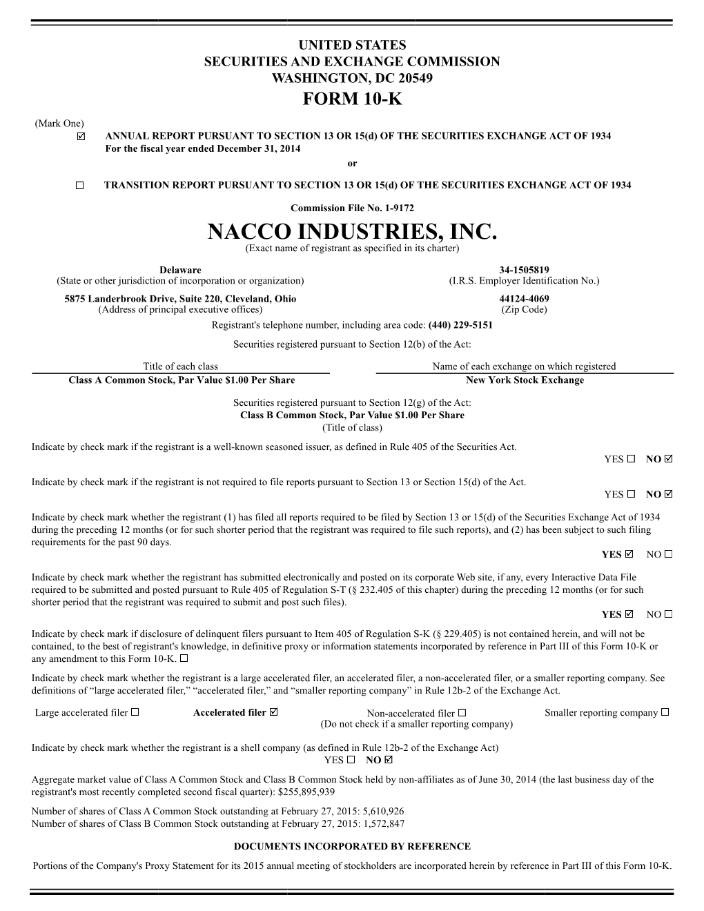 NACCO INDUSTRIES, INC. (Exact Name of Registrant As Specified in Its Charter)