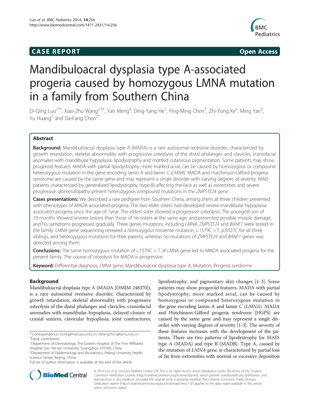 Mandibuloacral Dysplasia Type A-Associated Progeria Caused by Homozygous LMNA Mutation in a Family from Southern China