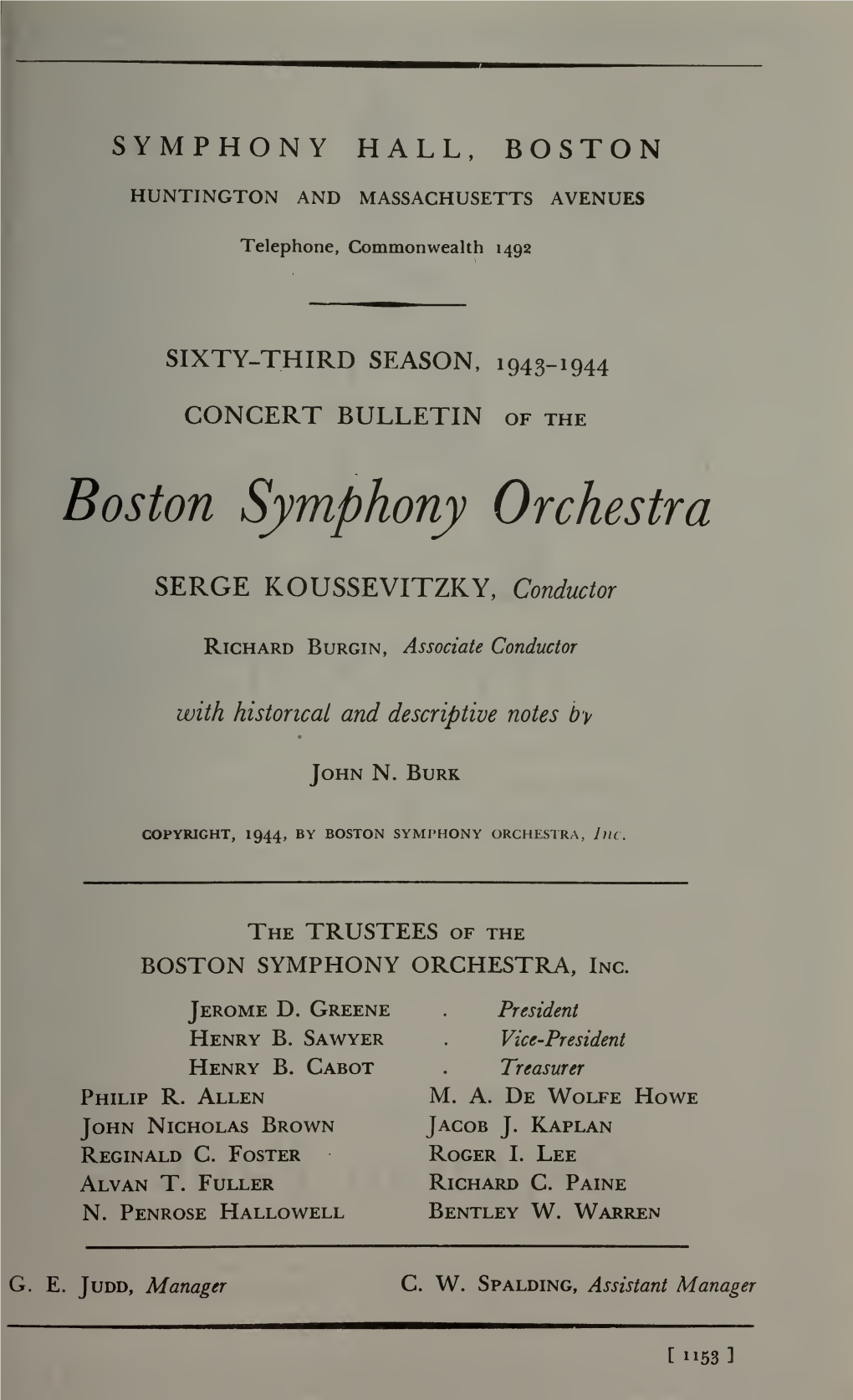 Boston Symphony Orchestra Concert Programs, Season 63,1943-1944, Subscription