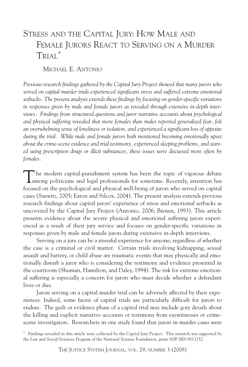 Stress and the Capital Jury: How Male and Female Jurors React to Serving on a Murder Trial*