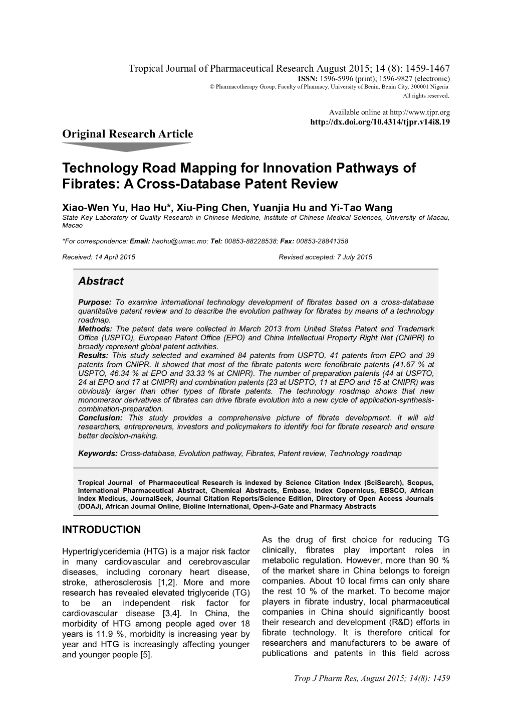 Technology Road Mapping for Innovation Pathways of Fibrates: a Cross-Database Patent Review