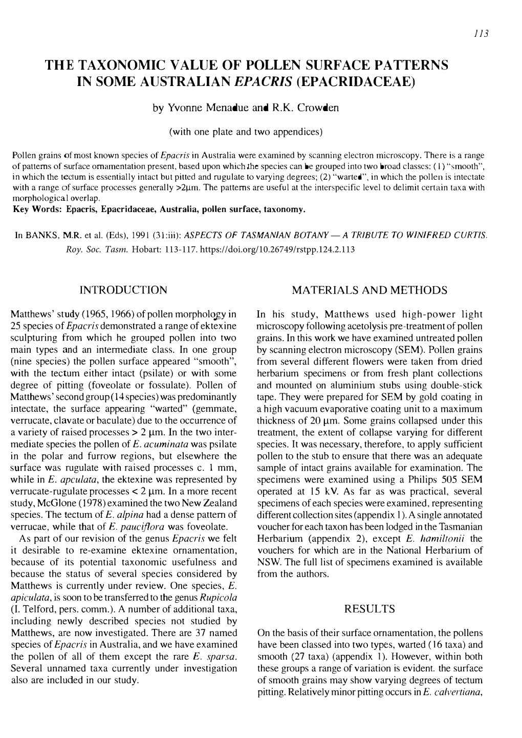 The Taxonomic Value of Pollen Surf Ace Patterns in Some Australian Epacris