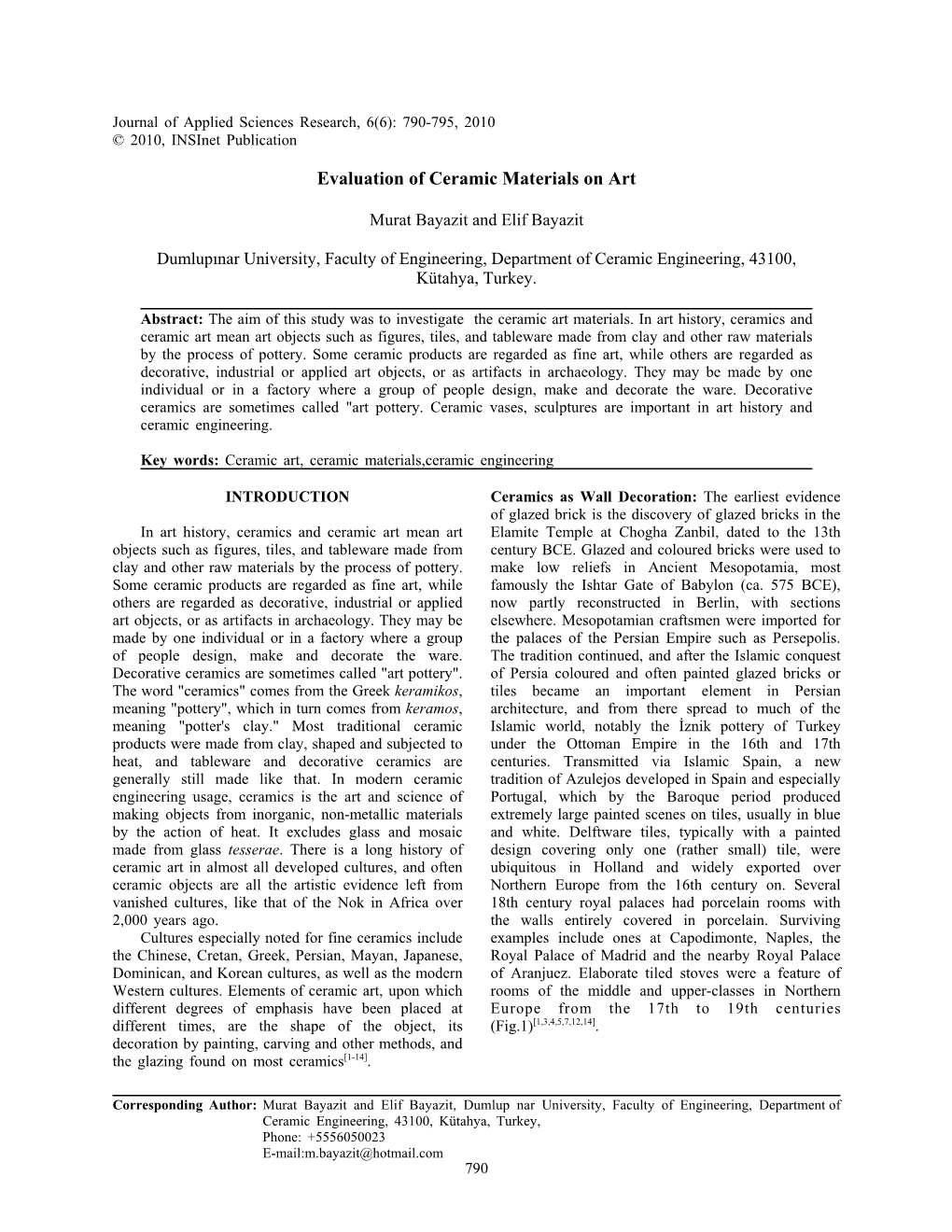 Evaluation of Ceramic Materials on Art