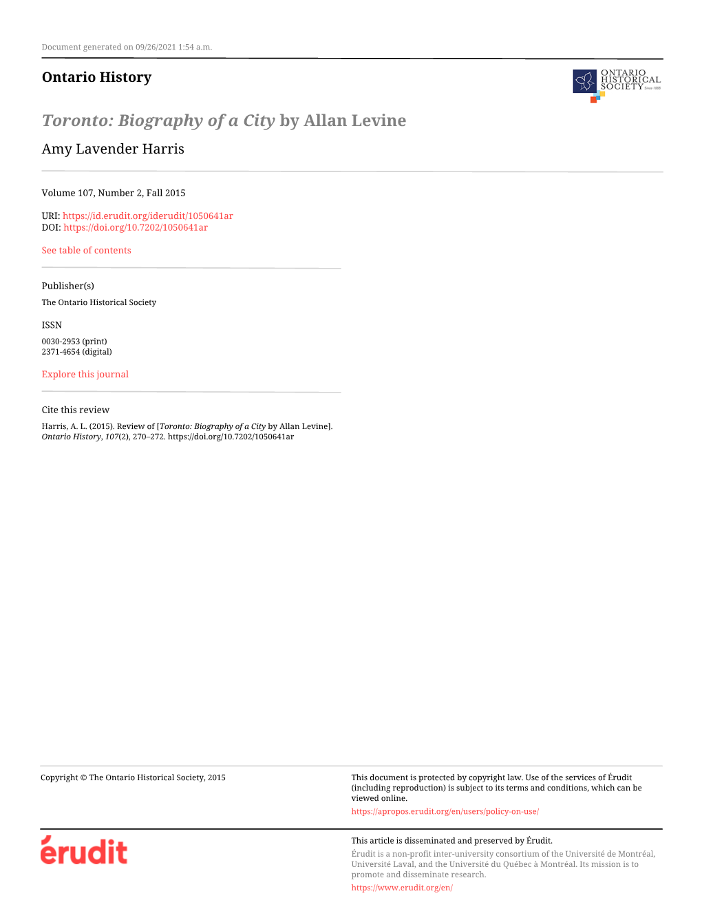 Toronto: Biography of a City by Allan Levine Amy Lavender Harris