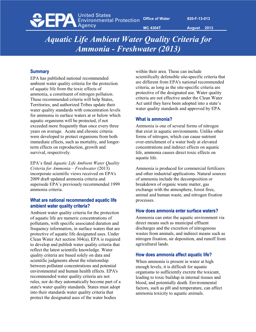 Aquatic Life Ambient Water Quality Criteria for Ammonia - Freshwater (2013)