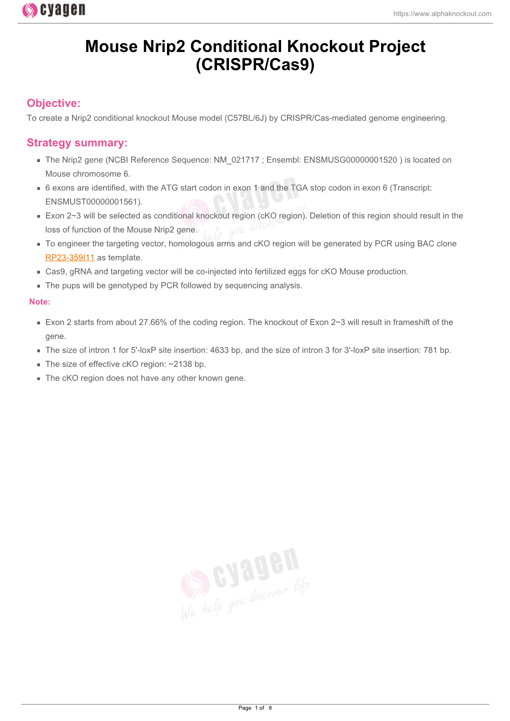 Mouse Nrip2 Conditional Knockout Project (CRISPR/Cas9)