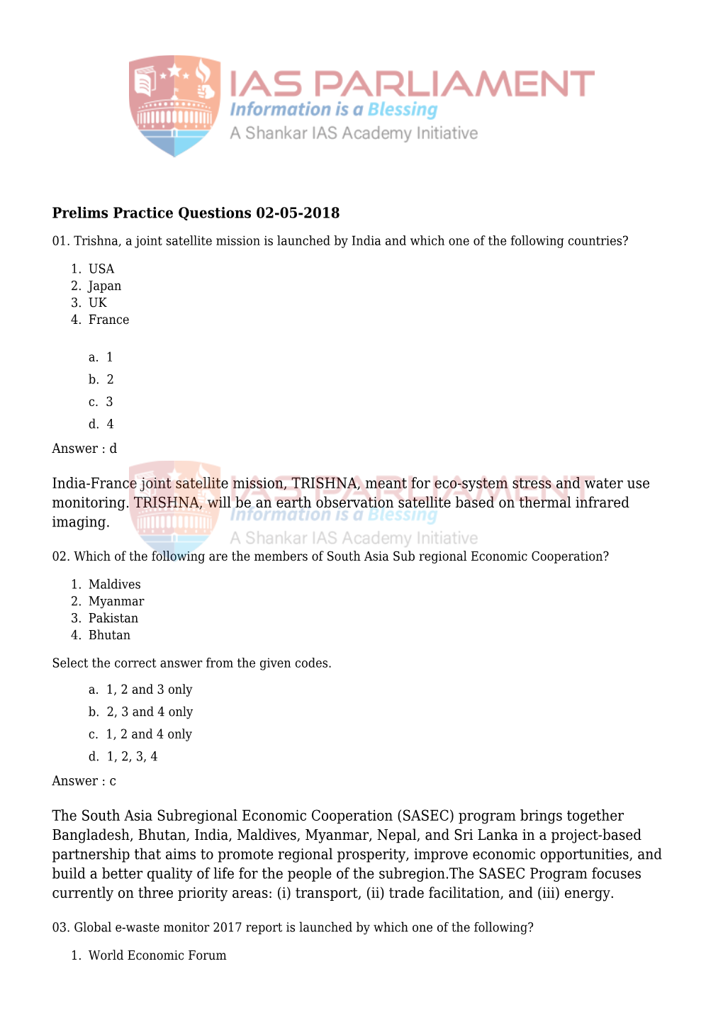 Prelims Practice Questions 02-05-2018 India-France Joint Satellite Mission, TRISHNA, Meant for Eco-System Stress and Water Use M