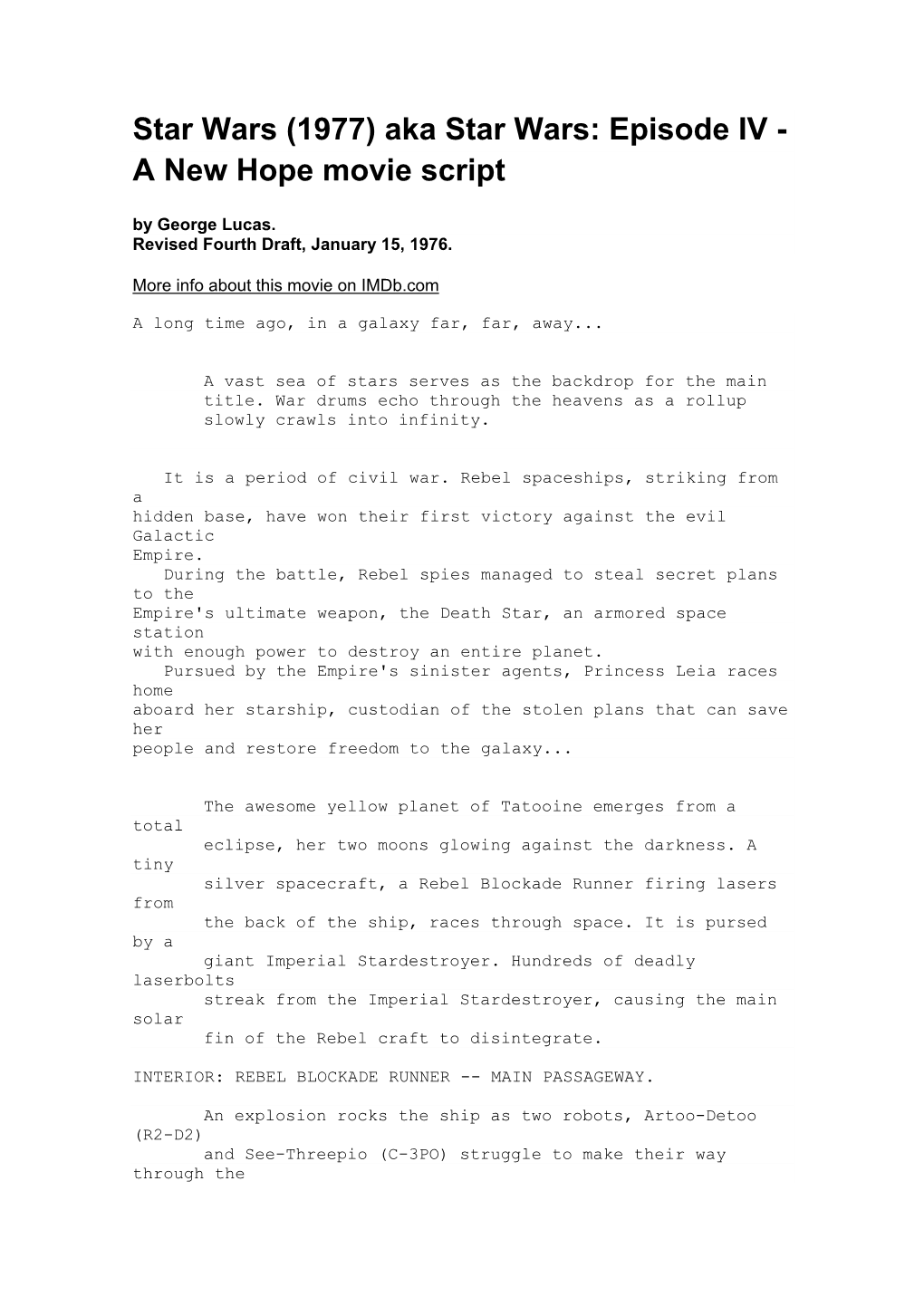 Star Wars (1977) Aka Star Wars: Episode IV - a New Hope Movie Script by George Lucas