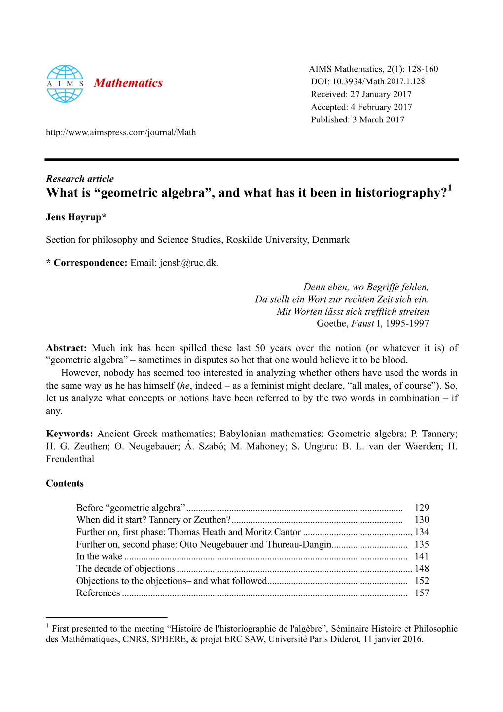 What Is “Geometric Algebra”, and What Has It Been in Historiography?1