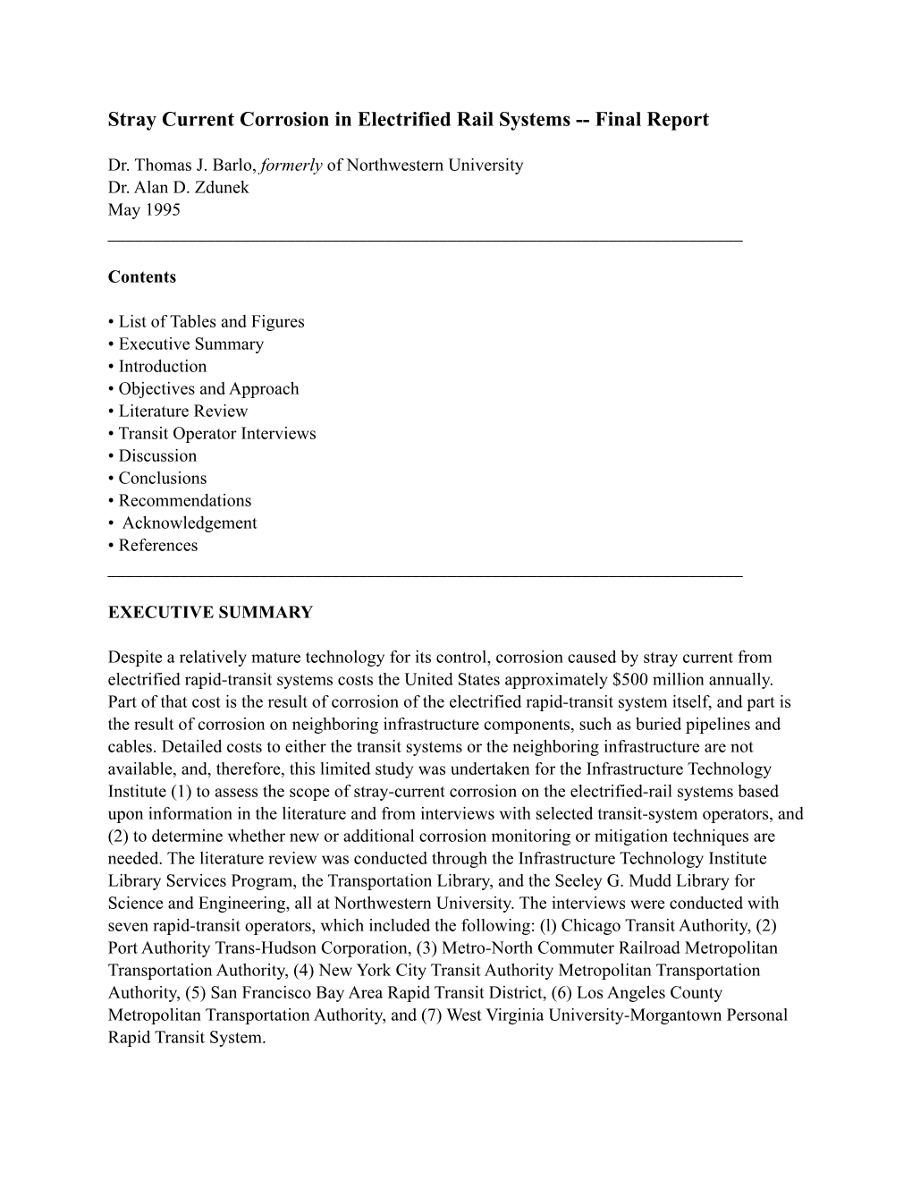 Stray Current Corrosion in Electrified Rail Systems -- Final Report