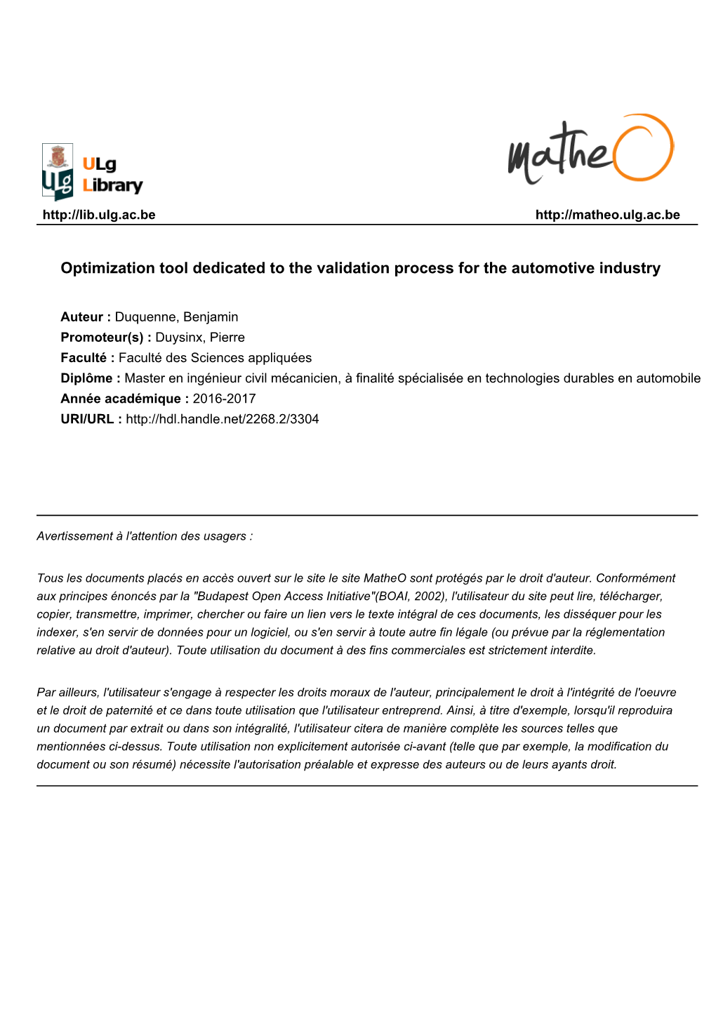 Optimization Tool Dedicated to the Validation Process for the Automotive Industry