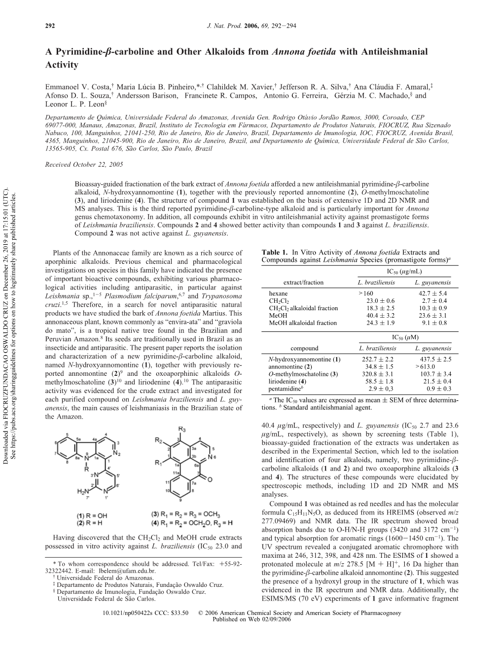 A Pyrimidine-Β-Carboline and Other Alkaloids from Annona Foetida With