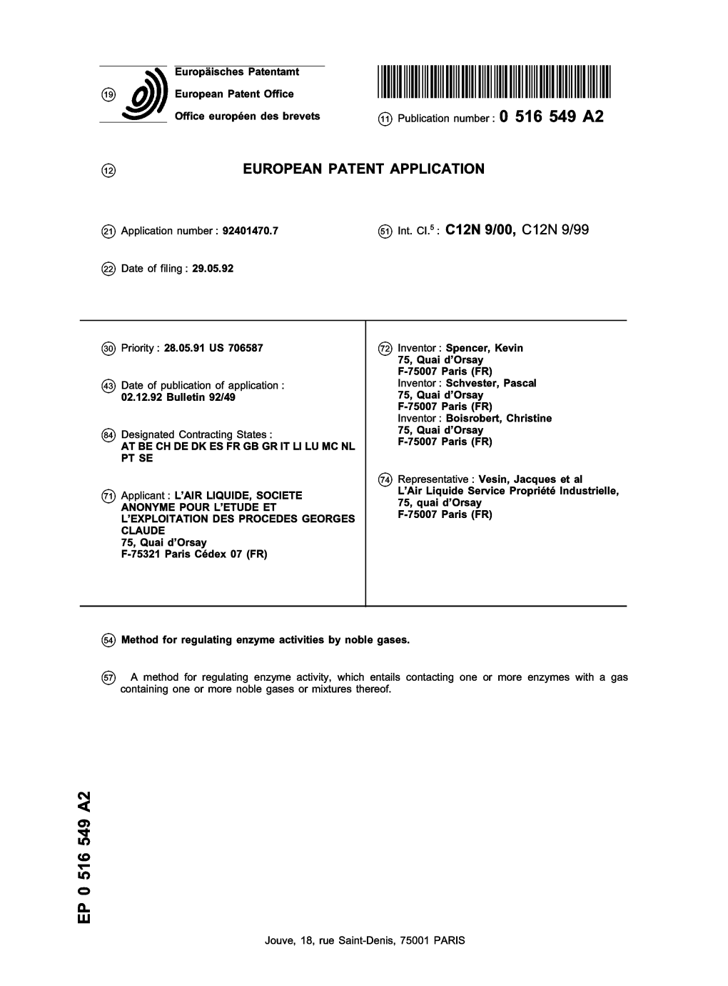 Method for Regulating Enzyme Activities by Noble Gases