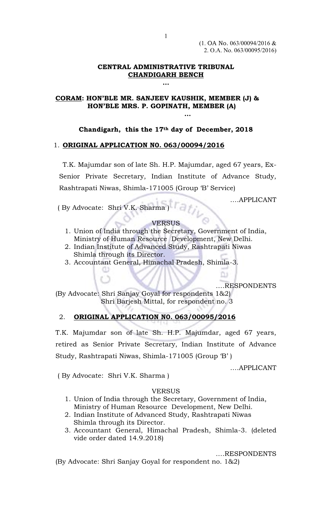 Central Administrative Tribunal Chandigarh Bench …