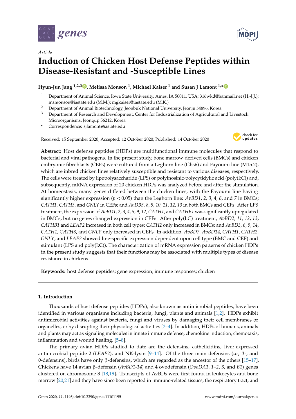 Induction of Chicken Host Defense Peptides Within Disease-Resistant and -Susceptible Lines