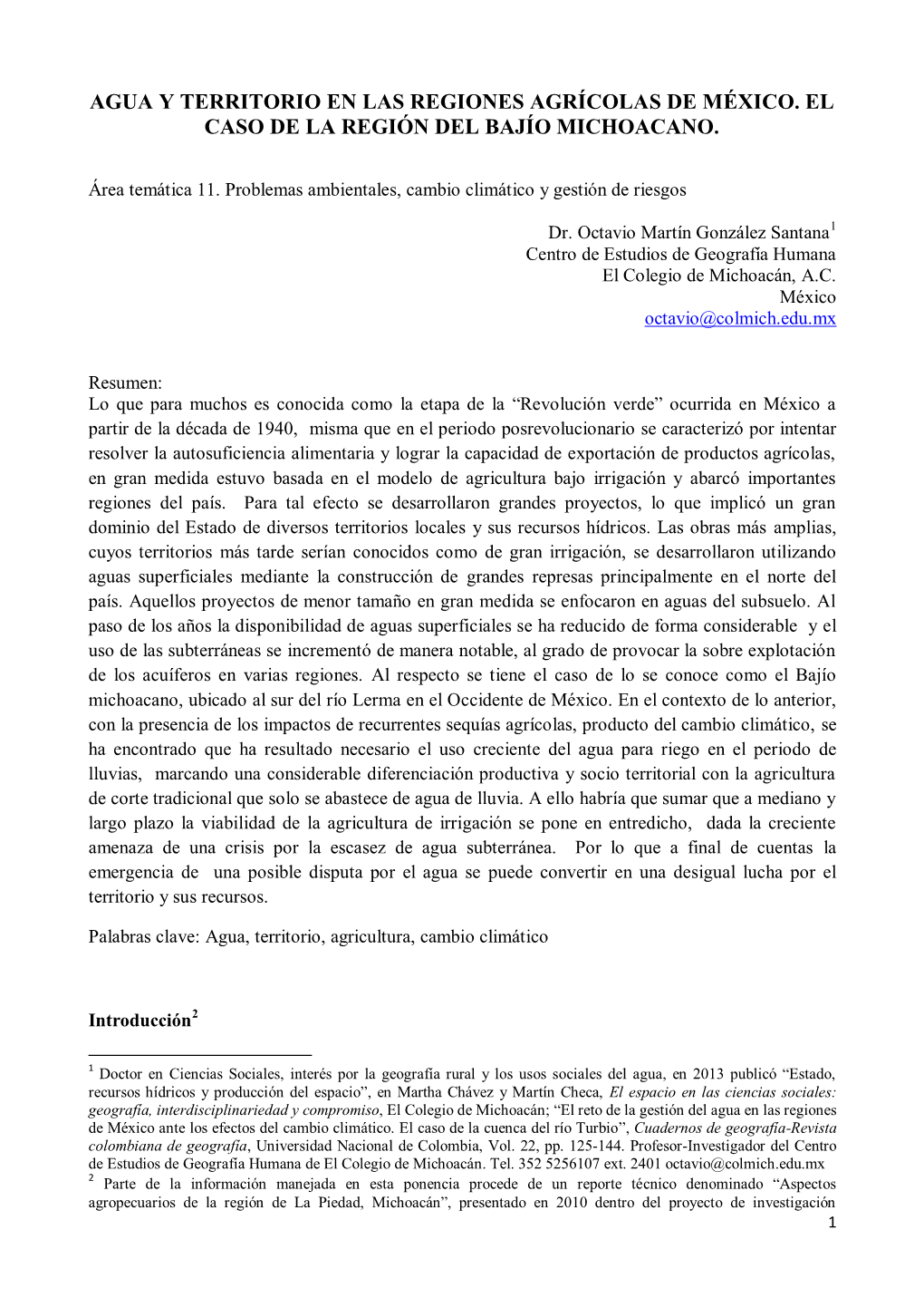 Agua Y Territorio En Las Regiones Agrícolas De México