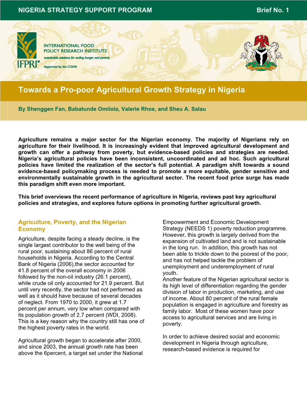 Towards a Pro-Poor Agricultural Growth Strategy in Nigeria