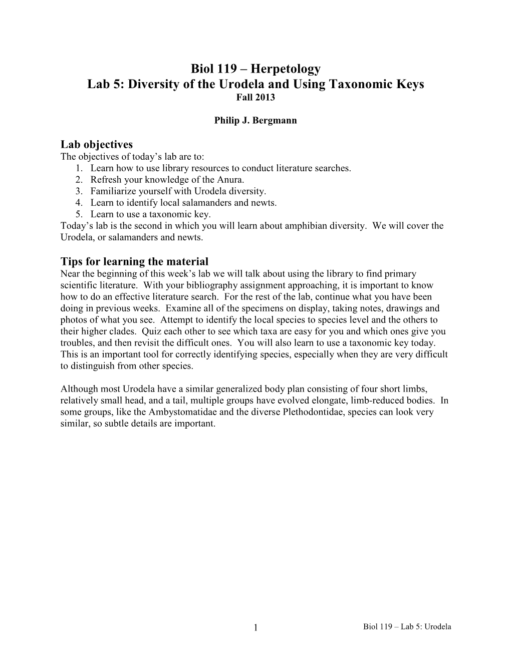 Herpetology Lab 5: Diversity of the Urodela and Using Taxonomic Keys Fall 2013