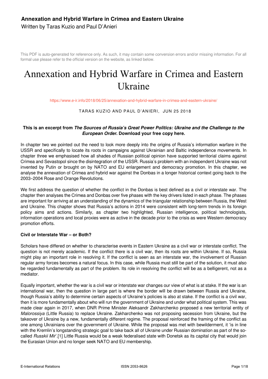 Annexation and Hybrid Warfare in Crimea and Eastern Ukraine Written by Taras Kuzio and Paul D’Anieri