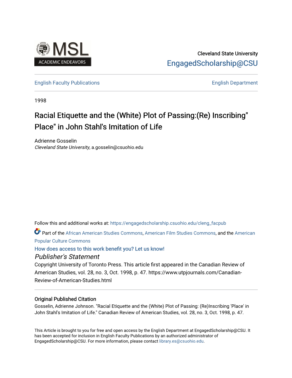 Racial Etiquette and the (White) Plot of Passing:(Re) Inscribing" Place" in John Stahl's Imitation of Life