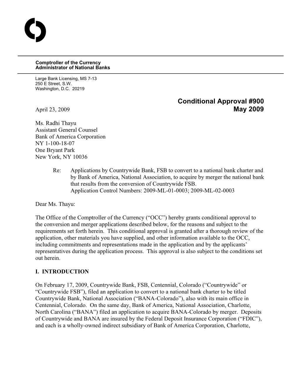 Conditional Approval #900 April 23, 2009 May 2009